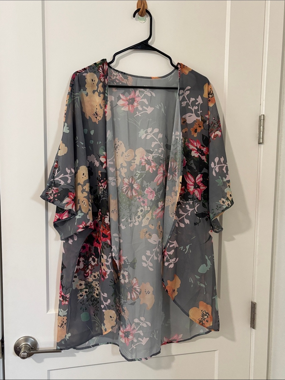 Amazon Floral Kimono in Gray with Pink, Cream & Green Accents